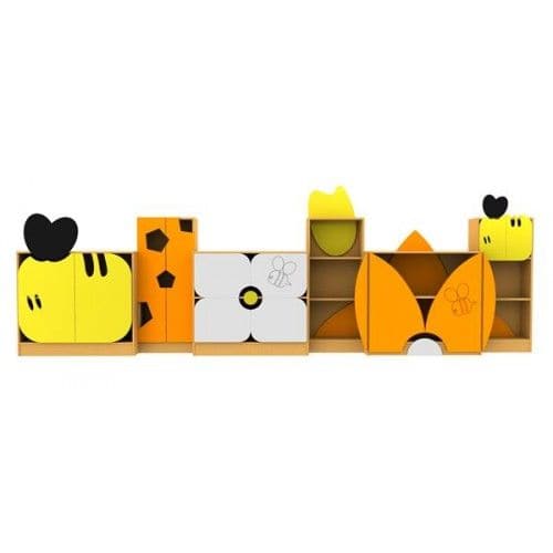 Childrens Novelty Honeybee Low Bookcase with Doors, Brightly coloured bookcases will bring the outside in Our Natural World range is a set of themed bookcases featuring easily identifiable images from the world outside our window and will make any environment the envy of others who see it. The bookcases are 18mm MFC faced and edged on all sides in beech. The feature panels and doors are painted in water based laquers for safety and are supplied as shown The range has been designed to allow individual pieces