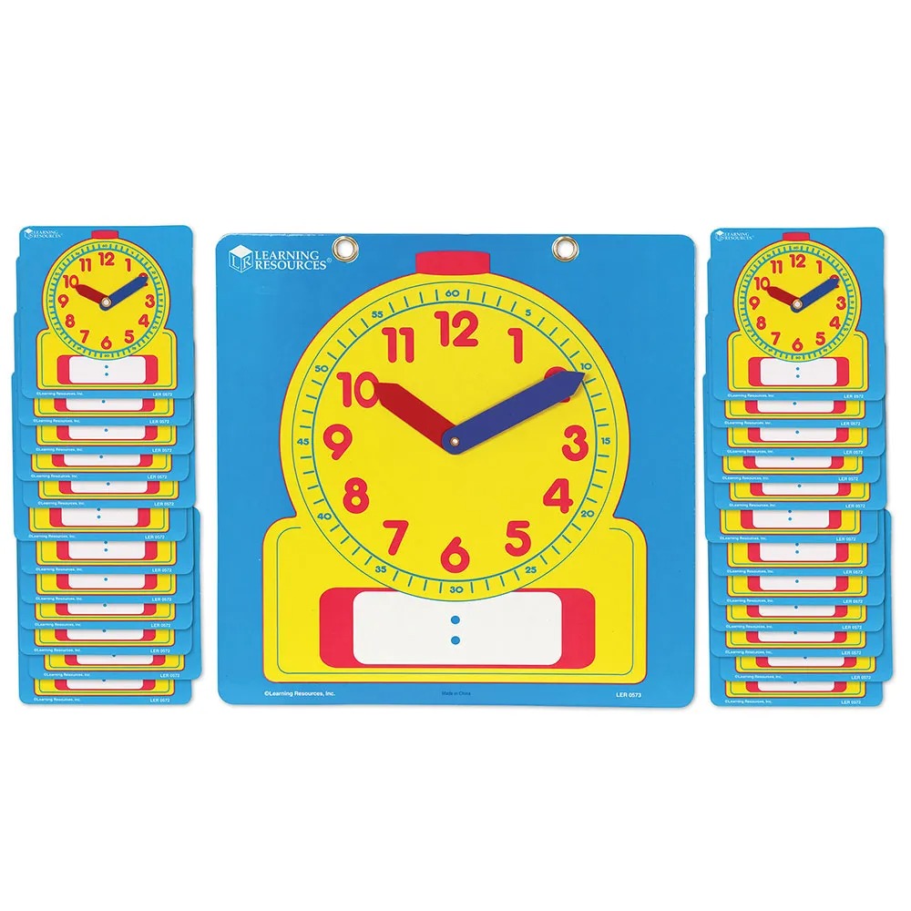 Classroom Clock Kit, Learning Resources Wipe Clean Classroom Clock Kit comes with laminated write & wipe clocks feature movable plastic hands and a place to write in the digital time. Ideal for introducing primary numeracy classes to the concept of time these student clocks measure 11cm square while the demonstration clock measures 30.5cm square. Comprehensive set includes one demonstration clock and 24 student clocks.locks. Clocks are made from durable plastic and have easy-to-read hour and minute markings