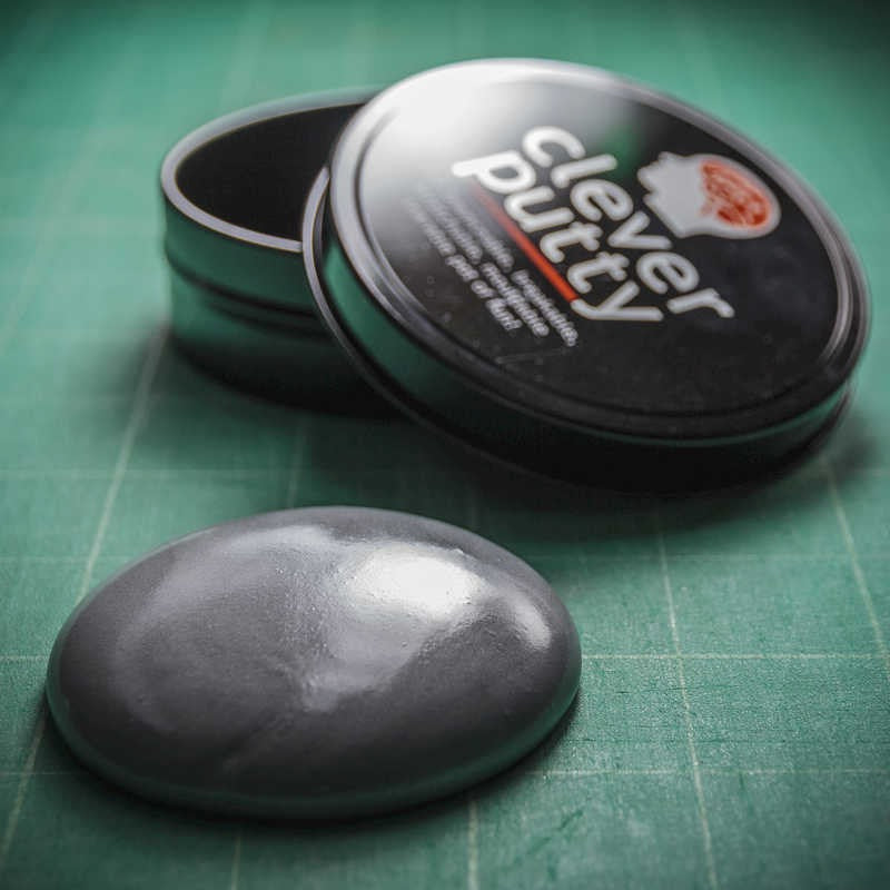 Clever putty, Clever Putty is perfect for those moments of stress or boredom when nothing but a quick fix will do. This smart black tin contains a portion of silvery Clever Putty that can be stretched, twisted and moulded between your fingers to relieve tension and focus the mind. The clever putty allows for darker moods it will tear to vent frustration, only to melt back into one piece under gravity. The Clever Putty is great for children and adults alike. Clever Putty Stretchable, malleable and squashy cl