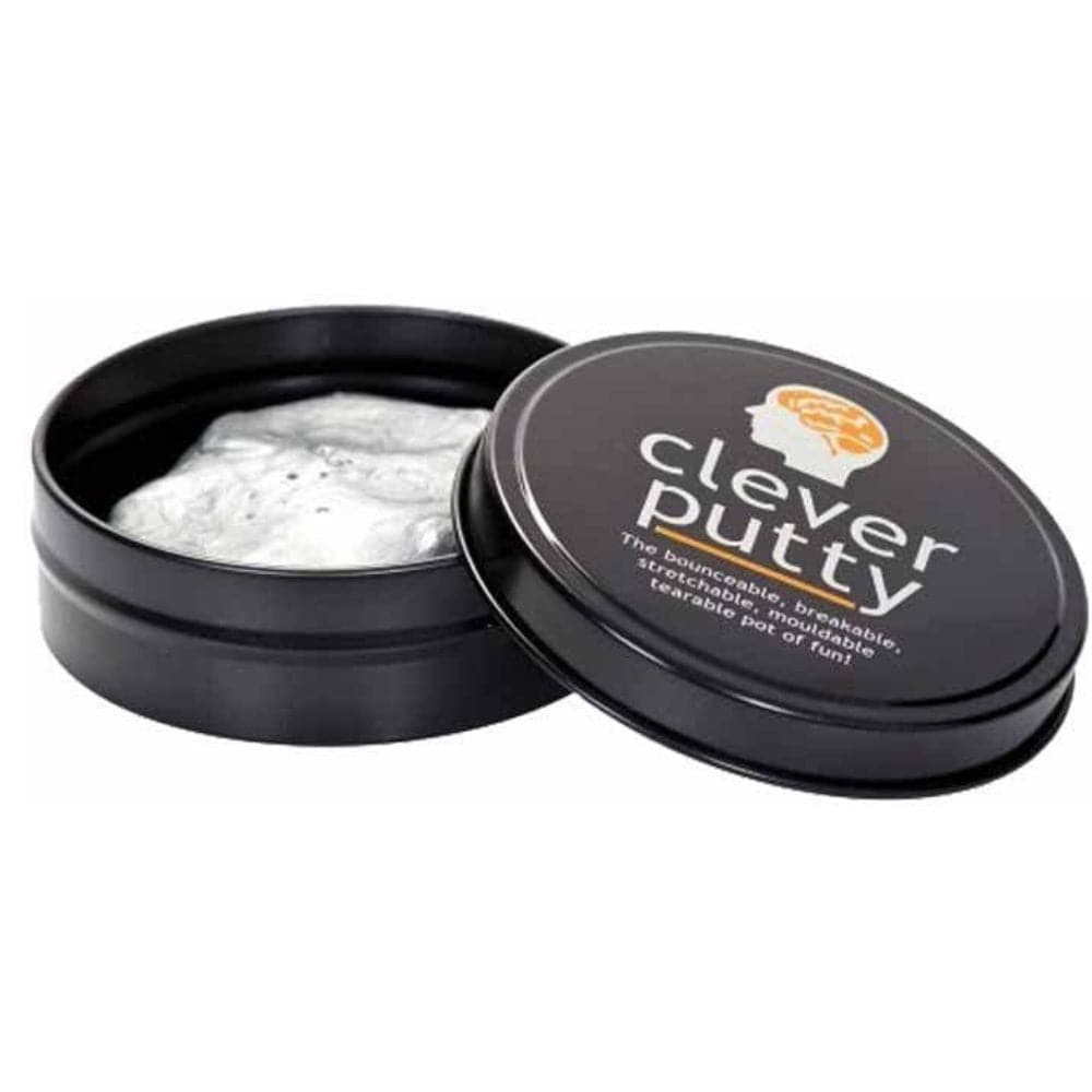 Clever putty, Clever Putty is perfect for those moments of stress or boredom when nothing but a quick fix will do. This smart black tin contains a portion of silvery Clever Putty that can be stretched, twisted and moulded between your fingers to relieve tension and focus the mind. The clever putty allows for darker moods it will tear to vent frustration, only to melt back into one piece under gravity. The Clever Putty is great for children and adults alike. Clever Putty Stretchable, malleable and squashy cl