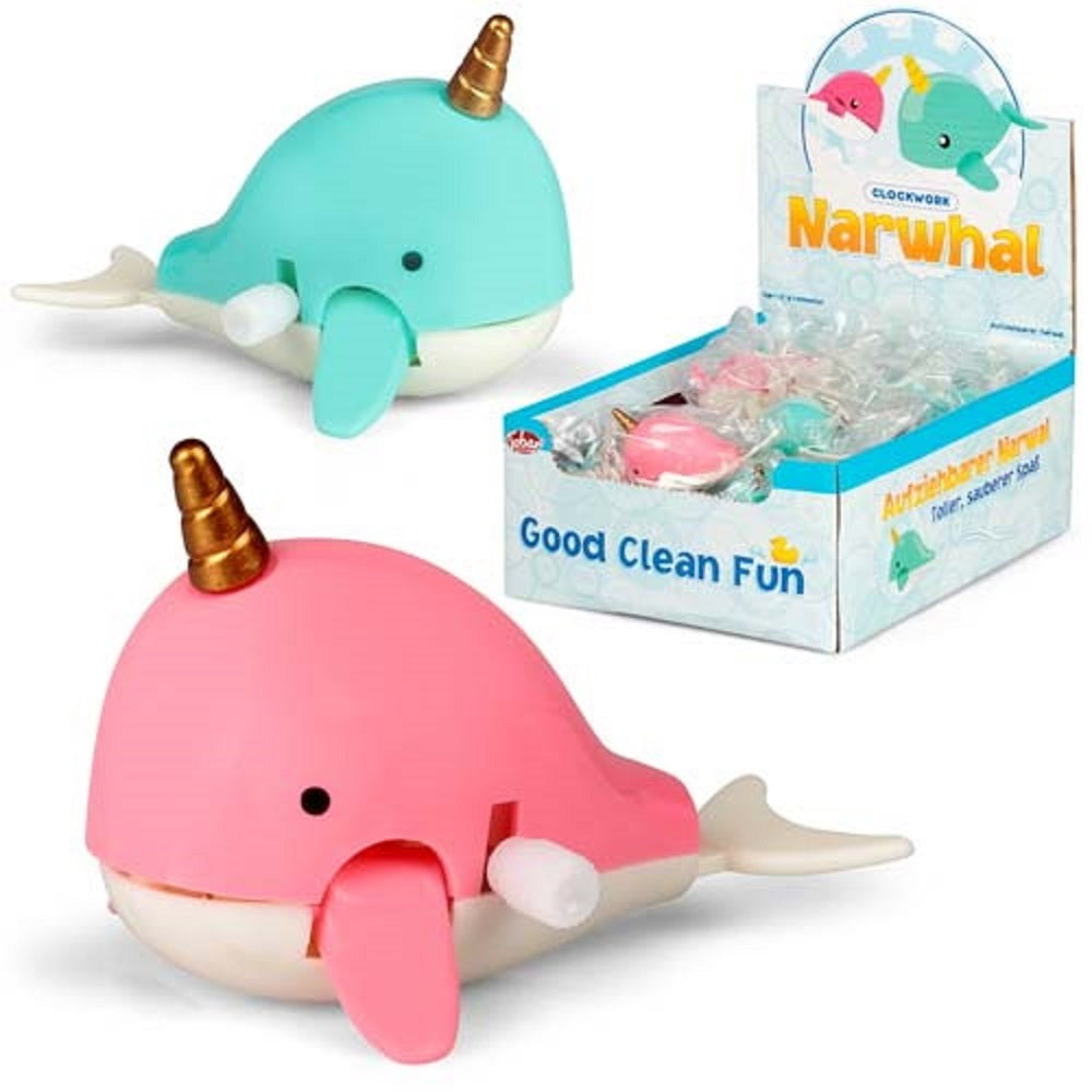 Clockwork Narwhal, Add a splash of fun to playtime with our Clockwork Narwhal toy! Simply wind it up and watch as the narwhal gracefully swims around. Available in two delightful colours—pink and blue—these little wonders make perfect stocking fillers or additions to party bags. Features movable wind-up fins, plastic body and golden horn Measures 6.5cm length, 5cm width, 4cm height approx. Comes in 2 different colours No batteries required! Not suitable for ages 3 and below, Clockwork Narwhal,Clockwork bath