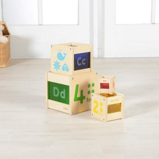 Colour Discovery Stacking Cubes, These colourful translucent stacking cubes will help to develop fine motor skills and logical thinking. The Colour Discovery Stacking Cubes are decorated with letters and numbers which are also depicted as quantities. A brilliant resource for combining teaching toddlers the early stages of the alphabet as well as their first numbers to learn. The Colour Discovery Stacking Cubes are made with high-quality materials and are built to withstand regular use. They are a fantastic 