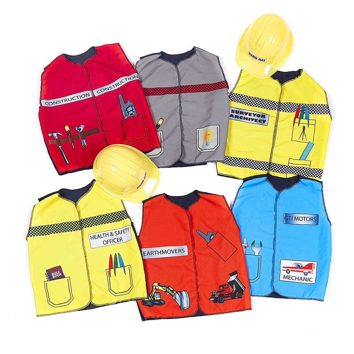 Construction Tabard and Hard Hat Set of 6, Introducing our Construction Tabard and Hard Hat Set of 6, the ideal addition to your dressing up box and role play area. This set includes tabards and hard hats, providing children with everything they need to become a construction worker and embark on exciting imaginary adventures.Unleash your child's creativity and imagination as they dress up and immerse themselves in the world of construction. With this set, they can build skyscrapers, repair roads, or constru
