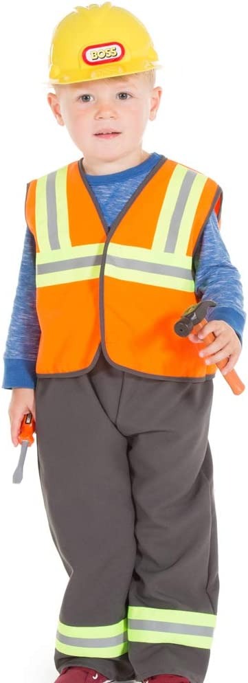 Construction Worker - 5-7 years, Fun Little realistic construction worker outfit for boys or girls Polyester Bi Stretch jacket and trouser set with reflective tape and plastic hard hat Perfect addition for a child's role play imagination Trouser and Jacket with Authentic Safety Hat. Made up of an incredibly durable and hard-wearing bi-stretch polyester, the construction worker costumes for kids is more than up to the rough and tumble challenge that your child has to throw at it! The jacket binding, sleeves 