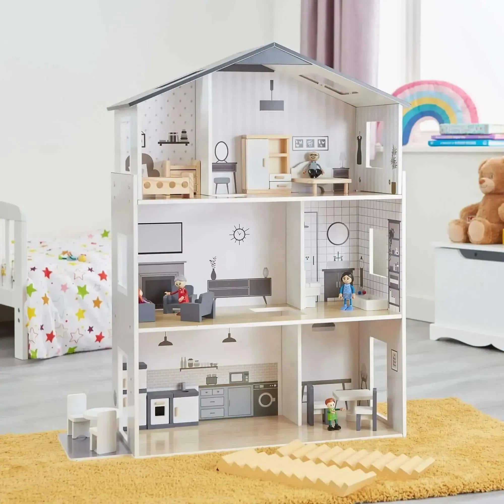 Contemporary Dolls House with 18 Handcrafted Wood Furniture Accessories-Contemporary Dolls House with 18 Handcrafted Wood Furniture Accessories