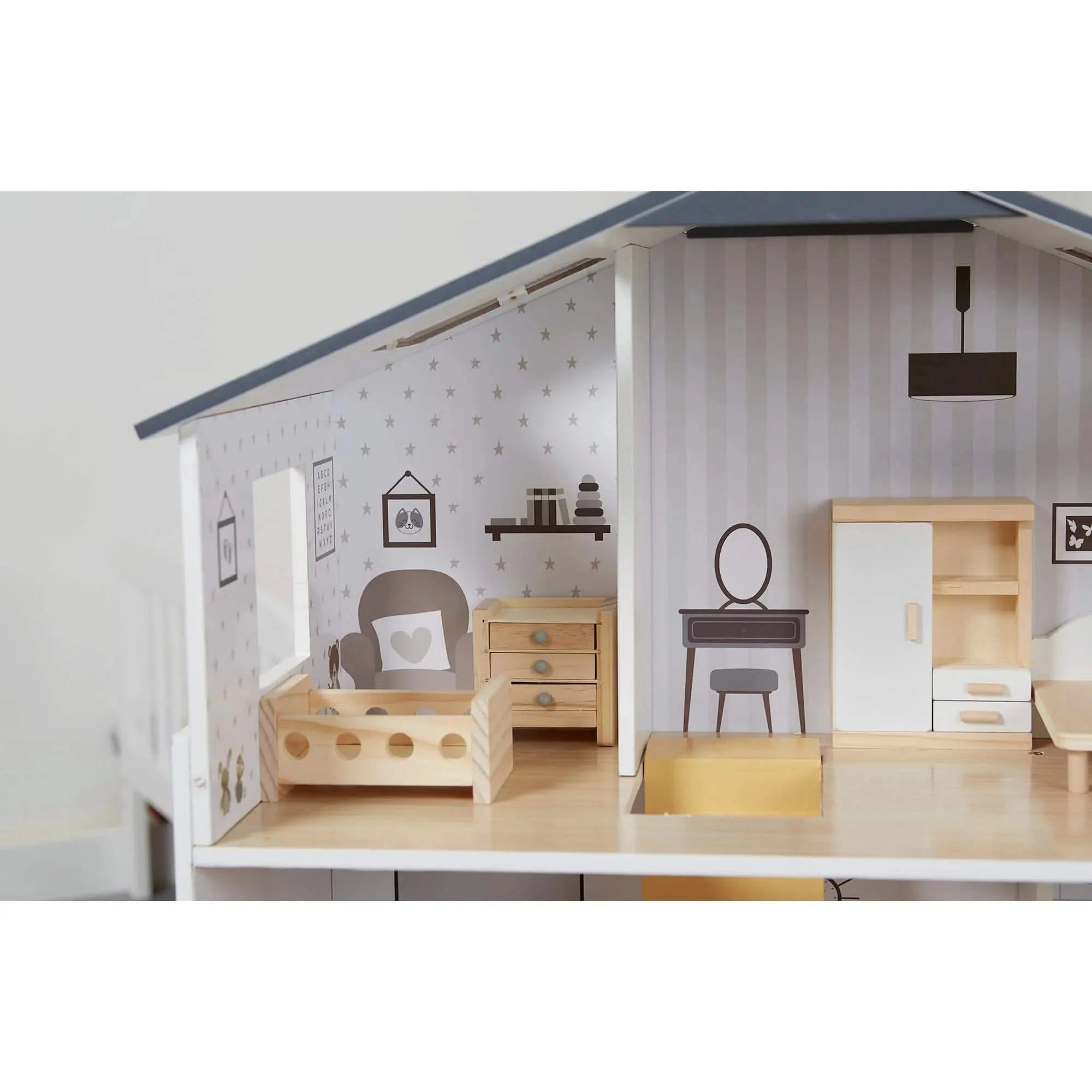 Contemporary Dolls House with 18 Handcrafted Wood Furniture Accessories-Contemporary Dolls House with 18 Handcrafted Wood Furniture Accessories