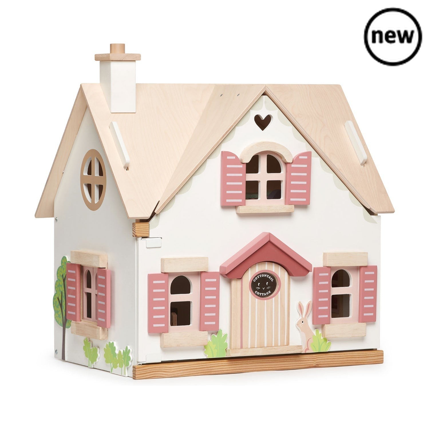 Cottontail Cottage + Furniture, The Cottontail Cottage Wooden Doll's House may just be your idea of a perfect home! This gorgeous wooden doll's house brings traditional play right into the heart of the home with everything you need to get started. This grand detached cottage is a playground for rabbits, who feature on the front of the house and are looked after with a big bowl of carrots to keep them happy. With a stylish room in the roof and a front that hinges open to reveal all the life inside, this is a