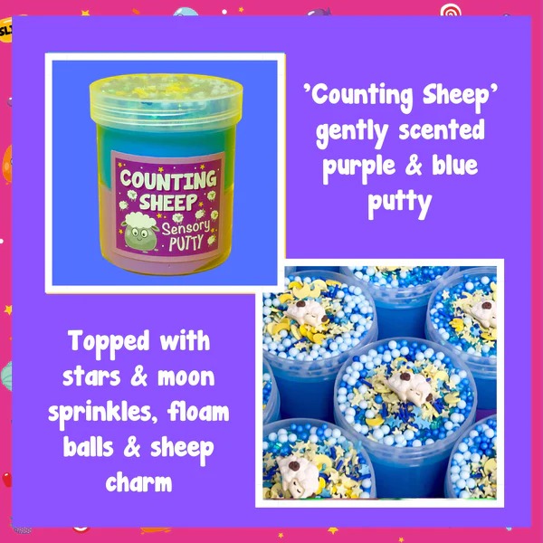 Counting Sheep Putty, Our Counting Sheep putty is our most relaxing putty by far! Gently scented with a soothing sweet blend and topped with blue floam beads, shimmering blue bingsu beads and a mixture of dreamy moon and star sprinkles, this combo of blue and purple putty creates the perfect way to wind down after a long day. Putties are air reactive and will dry out of left out. Always return to the container after play with the lid tightly on. Keep away from direct sunlight. Keep away from fabrics and por