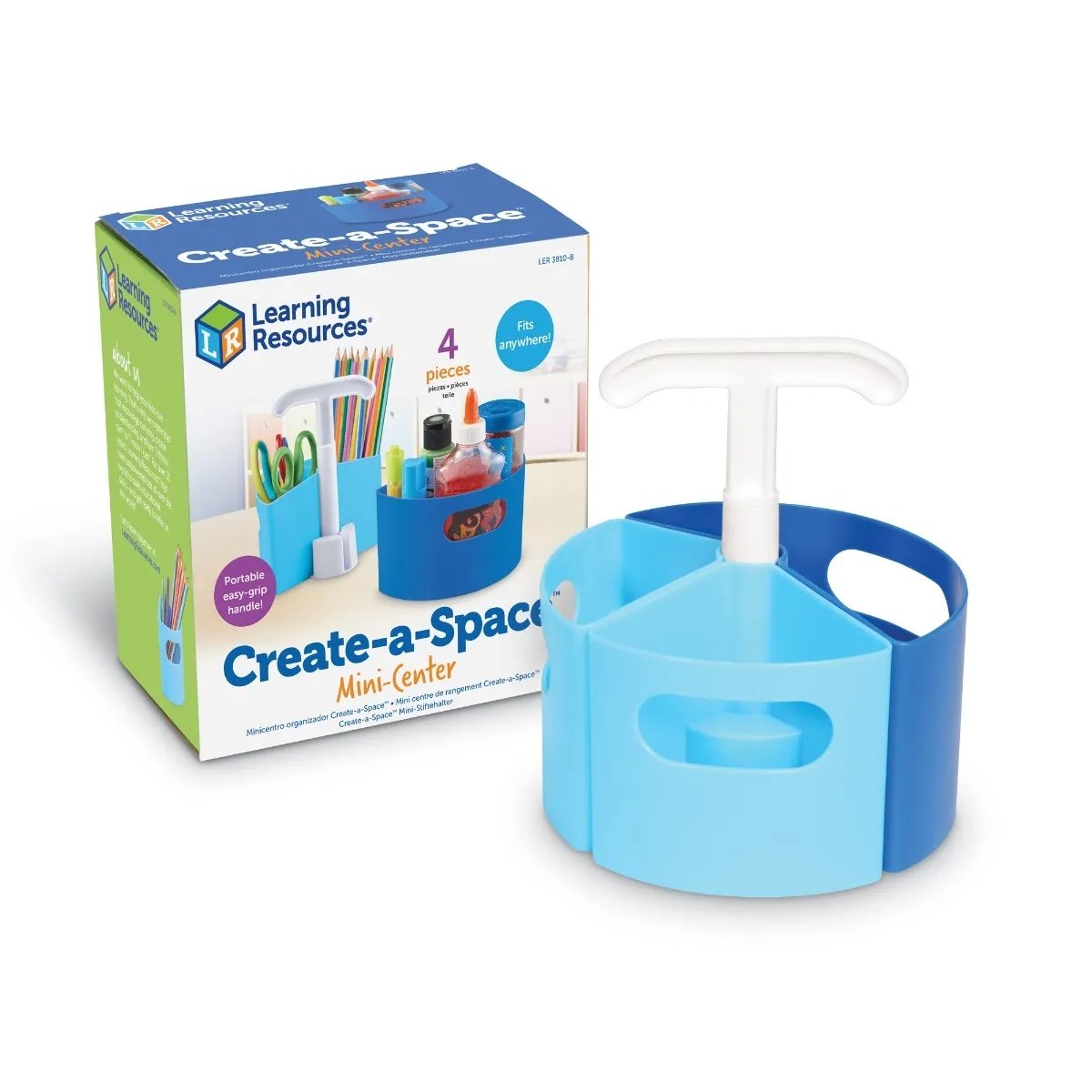 Create-a-Space™ Mini-Centre - Blue, Take creativity everywhere it takes you with a mini blue version of multicolour Create-A-Space Mini-Centre. Tidy, sort and store maker materials and move them wherever you need them.This easy-carry stationery storage organiser is ideal for classroom and home use.Three removable stationery storage compartments fit onto the easy-grip handle. The Create-A-Space Mini-Centre now in blue! This sturdy desk tidy brings an easy, convenient way to organise and present everyday bits