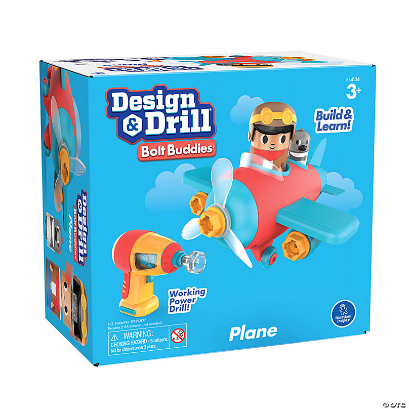 Design and Drill Bolt Buddies Plane, Introducing the Design & Drill Bolt Buddies Plane, a captivating and educational toy that combines imaginative play with the development of fine motor skills. Watch your child's creativity take flight as they snap together the pieces of the plane and use the realistic power drill to secure the vibrant bolts in place.Designed to promote hand-eye coordination and problem-solving abilities, this plane toy engages children in a world of pretend play adventure. With the Bolt 