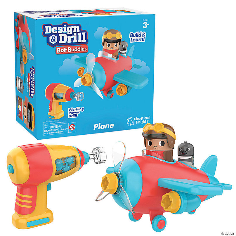 Design and Drill Bolt Buddies Plane, Introducing the Design & Drill Bolt Buddies Plane, a captivating and educational toy that combines imaginative play with the development of fine motor skills. Watch your child's creativity take flight as they snap together the pieces of the plane and use the realistic power drill to secure the vibrant bolts in place.Designed to promote hand-eye coordination and problem-solving abilities, this plane toy engages children in a world of pretend play adventure. With the Bolt 