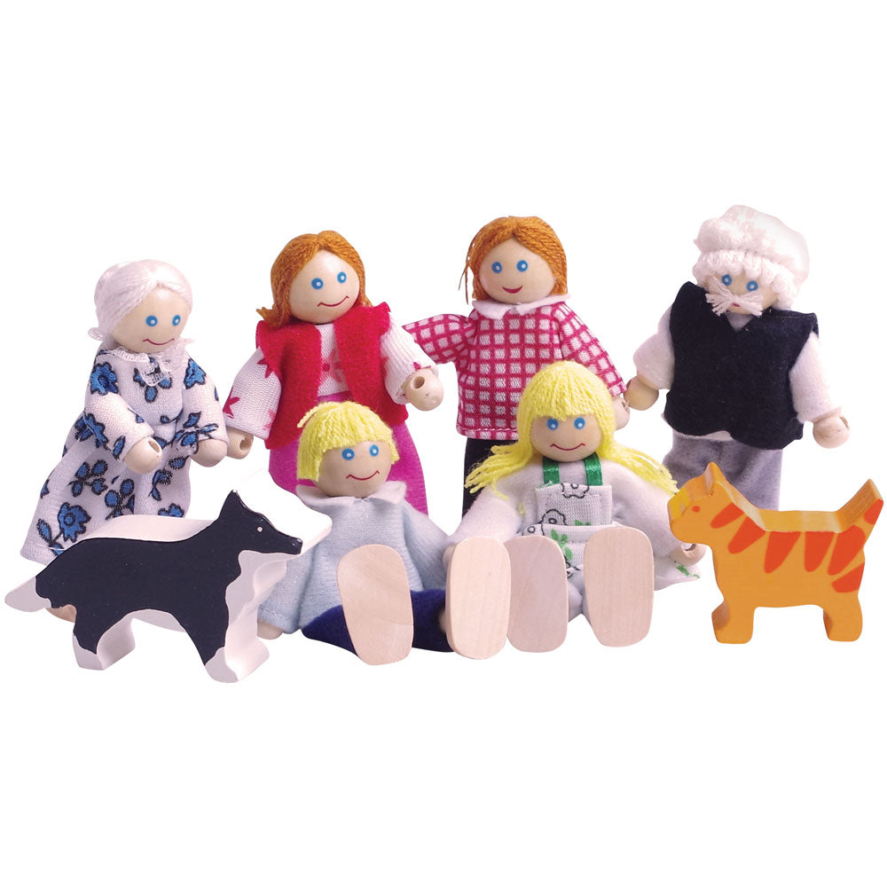 Doll Family, A four piece wooden Doll Family ready and waiting for all of the adventures little ones have in store for them! With flexible, poseable arms and legs, each of the figures can stand or sit, and this means that no playtime adventure is out of bounds! Set includes Mum, Dad and their two children (a Son and Daughter) who are all eager to move into a new home. A great addition to any wooden dollhouse or our Small World Playsets. A great way to encourage imaginative storytelling and creative play. De