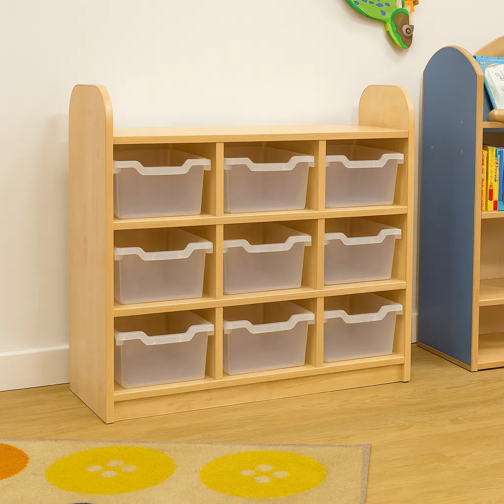Early Years Low Level 3 Tier Storage Shelving Unit With Back - 9 Tray-Early Years Low Level 3 Tier Storage Shelving Unit With Back - 9 Tray