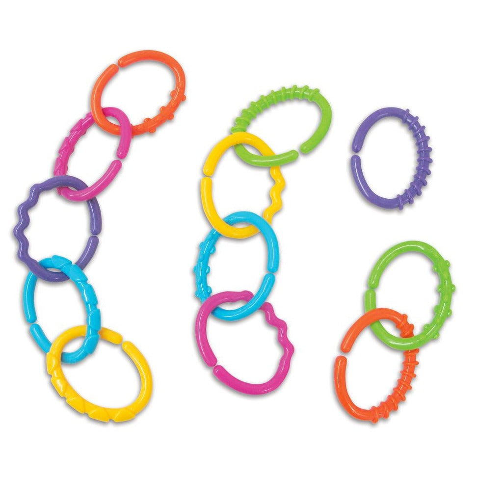 Edushape Linkets, Experience a world of sensory delight with Edushape Linkets.These unique linking rings are bursting with vibrant, eye-catching colors and fascinating textures that will captivate and stimulate your baby's senses. With their lumpy, bumpy, and squiggly shapes, Edushape Linkets are perfect for little hands to grasp and explore, helping to develop fine motor skills and hand-eye coordination.But that's not all – Edushape Linkets are also great for teething babies, providing them with a safe and