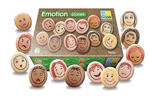 Emotion Stones, This beautifully crafted emotions pebble set of 12 tactile stones is engraved with faces showing different emotions: happy, sad, angry, frightened, worried, surprised, confused, bored, calm, proud, shy and embarrassed. Emotion Stones are durable, for use in sand and water, indoors and out, with many opportunities to explore emotions and encourage speaking and listening Recognising facial expressions and understanding emotions helps children to communicate their own feelings and empathise wit