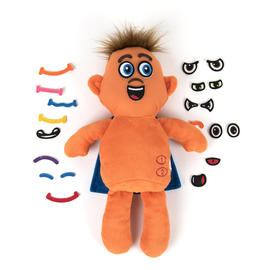 Explore Emotions Super Doll, Encourage discussions about feelings with this cuddly Explore Emotions Super Doll. Use the Velcro TM facial features to create 16 emotions on the doll's face. This Explore Emotions Super Doll is an emotional superhero! Store the unused features on his cape. Press one button to hear a range of 16 sounds relating to emotions. Press a second button to repeat the sound as you design the corresponding face. Explore Emotions Super Doll 1 doll 38 cm tall, 24 facial features up to 10.7 