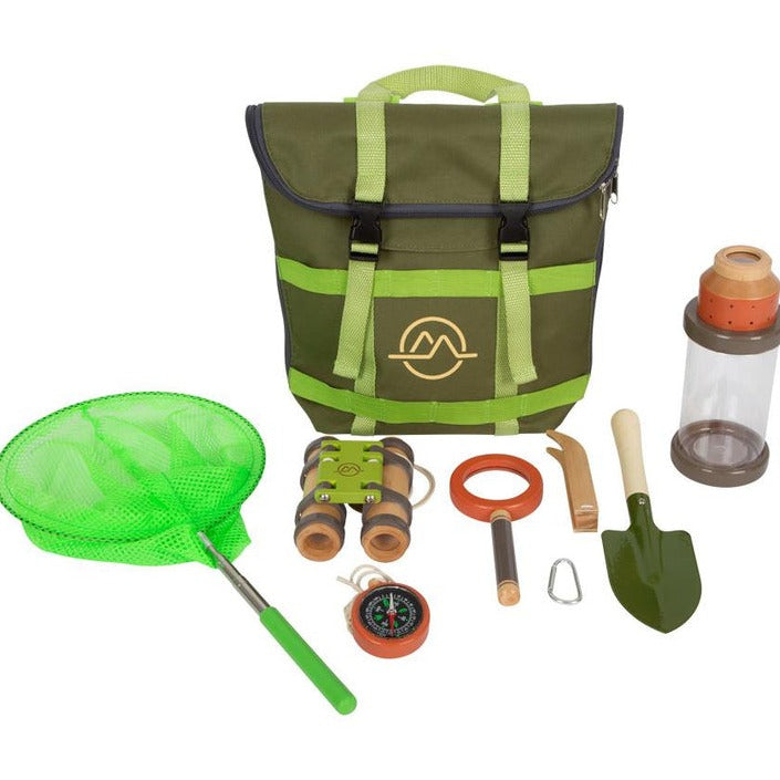 Explorer's Backpack Discover, For action-loving nature explorers! This durable backpack is the ideal companion for exciting adventures in nature. All of the included research equipment can fit inside the backpack: an insect jar with screw-on lid and integrated magnifying glass, wooden binoculars, insect net with telescoping pole, compass with a carrying cord, magnifying glass with an enlarging function, tweezers, a shovel, and a spring hook. And this is practical: the extra-large backpack has a wide-opening