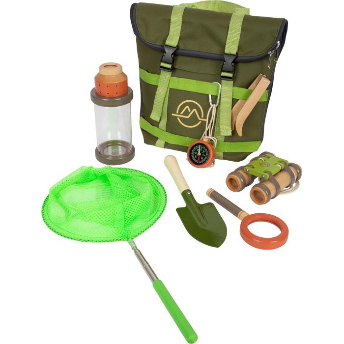 Explorer's Backpack Discover, For action-loving nature explorers! This durable backpack is the ideal companion for exciting adventures in nature. All of the included research equipment can fit inside the backpack: an insect jar with screw-on lid and integrated magnifying glass, wooden binoculars, insect net with telescoping pole, compass with a carrying cord, magnifying glass with an enlarging function, tweezers, a shovel, and a spring hook. And this is practical: the extra-large backpack has a wide-opening