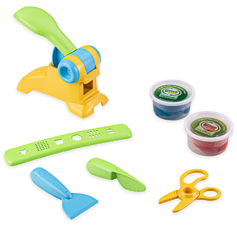Extruder Dough Set, Looking for a fun play dough for kids set? The Extruder Dough Set from Green Toys has 7 dough modelling tools to help creative little hands make some unique creations. The plastic tools are made from 100% recycled plastic. The two tubs of soft modelling dough are ready to be crafted into absolutely everything and anything. Made in the USA from organic flour, the play dough is non-toxic with no BPA, phthalates, or PVC. This fun arts and crafts for kids set has 7 pieces and allows for unli