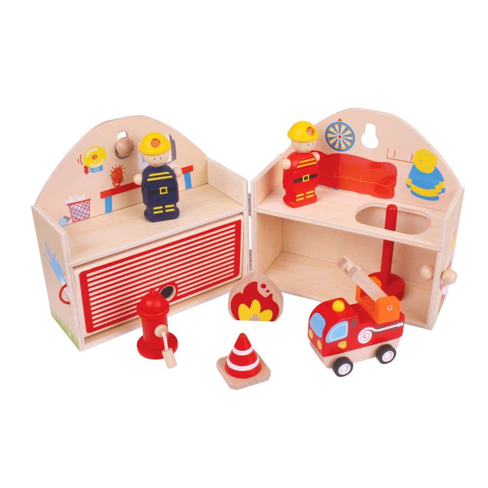 Fire Station Playset, This brightly coloured wooden Mini Fire Station Playset is decorated inside and outside with features and is supplied complete with a fire engine, safety cone, fire, fire hydrant, firefighter's pole and two firefighters! The wooden handle and secure clasp ensure that this Playset is always ready to travel with your little one and all of the play pieces can be stored safely inside. Made from high quality, responsibly sourced materials. Conforms to current European safety standards. Cons
