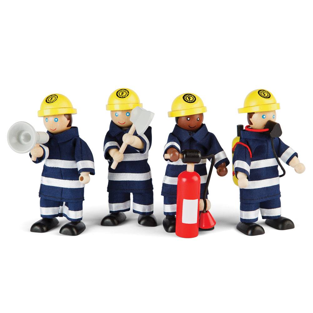 Firefighters Set, Set of four firefighter toys ready to race to the rescue, put out fires, rescue cats out of trees and whatever else the imagination allows! All happy and ready to work, the Tidlo firefighters are dressed ready for a day of fire fighting. With flexible, poseable arms and legs, each of the wooden dolls can stand or sit - meaning no fire rescue mission is out of bounds! These delightful characters come with accessories, including an axe, megaphone, fire extinguisher and breathing equipment. F