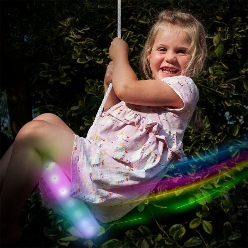Flashing UFO Swing, Light-up tree swing with flashing colour changing base. Attach the rope included to the seat and then tie the top to a strong tree branch, stable pole or other secure fixture. Once attached, press the button on the seat and it will light up and begin to flash through a series of colours using the LEDs around its rim. It makes a fantastic alternative to a traditional rope swing and is easy to set up. Light-up swing seat LEDs around edge light up and flash Rope secures to seat and other se