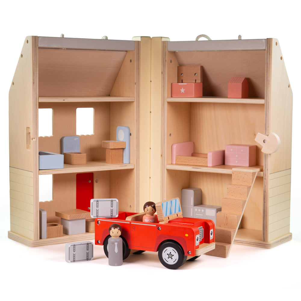 Folding Dolls House Set, Introduce tots to their first miniature home with our Folding Dollhouse Set. Open the wooden dolls house up to reveal three-storeys of rooms. Comes with a bathroom, kitchen, dining area, bedrooms and attic space - there’s also a convertible red car and Mr & Mrs wooden dolls. The included 13x chunky pieces of doll house furniture - ideal for little hands to examine, grasp and replace. They can also furnish the dolls house to their own taste - playing independently or with grown-ups a