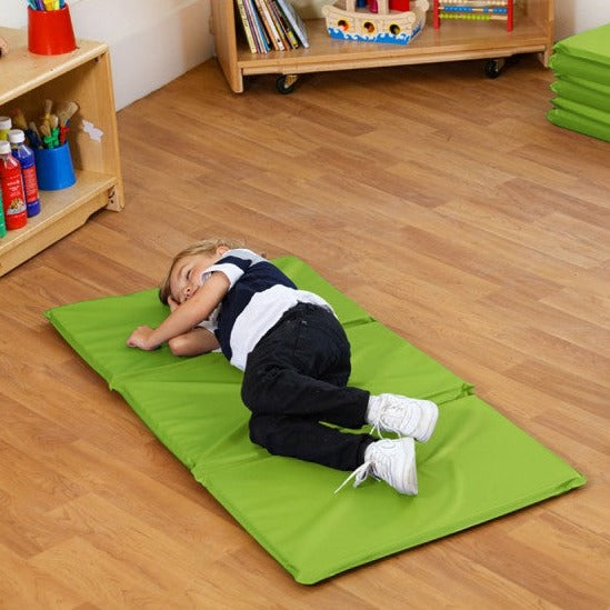 Folding Sleep Mat Pack of 10, A pack of 10 folding sleep mats perfect for child rest in nurseries.Each folding sleep mat has a space saving design and folds in three for ease of storage when not in use.Our great value Folding Rest Mats are durable for regular use as we know that sleeping is an essential part of the day in nursery settings. The outer vinyl is soft and wipe clean and the seams are welded for hygiene. The space saving design allows the mats to be folded in 3 and stored easily. The Folding Slee