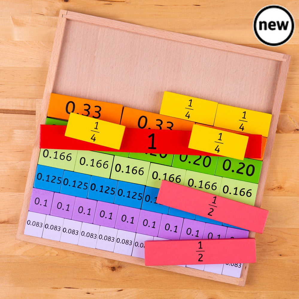 Fractions Tray, This fantastically simple educational toy allows children to get hands-on with fractions, providing a visual and tactile way to teach fractions and their relationships. The colour-coded pieces help little ones to visualise and identify fractions with ease as they line up the tiles in the tray. The colourful wooden pieces will ensure young minds stay fully engaged as they learn fractions from 1 to 1/12. Decimals can also be found on the back of each tile! This maths toy is a great way to deve