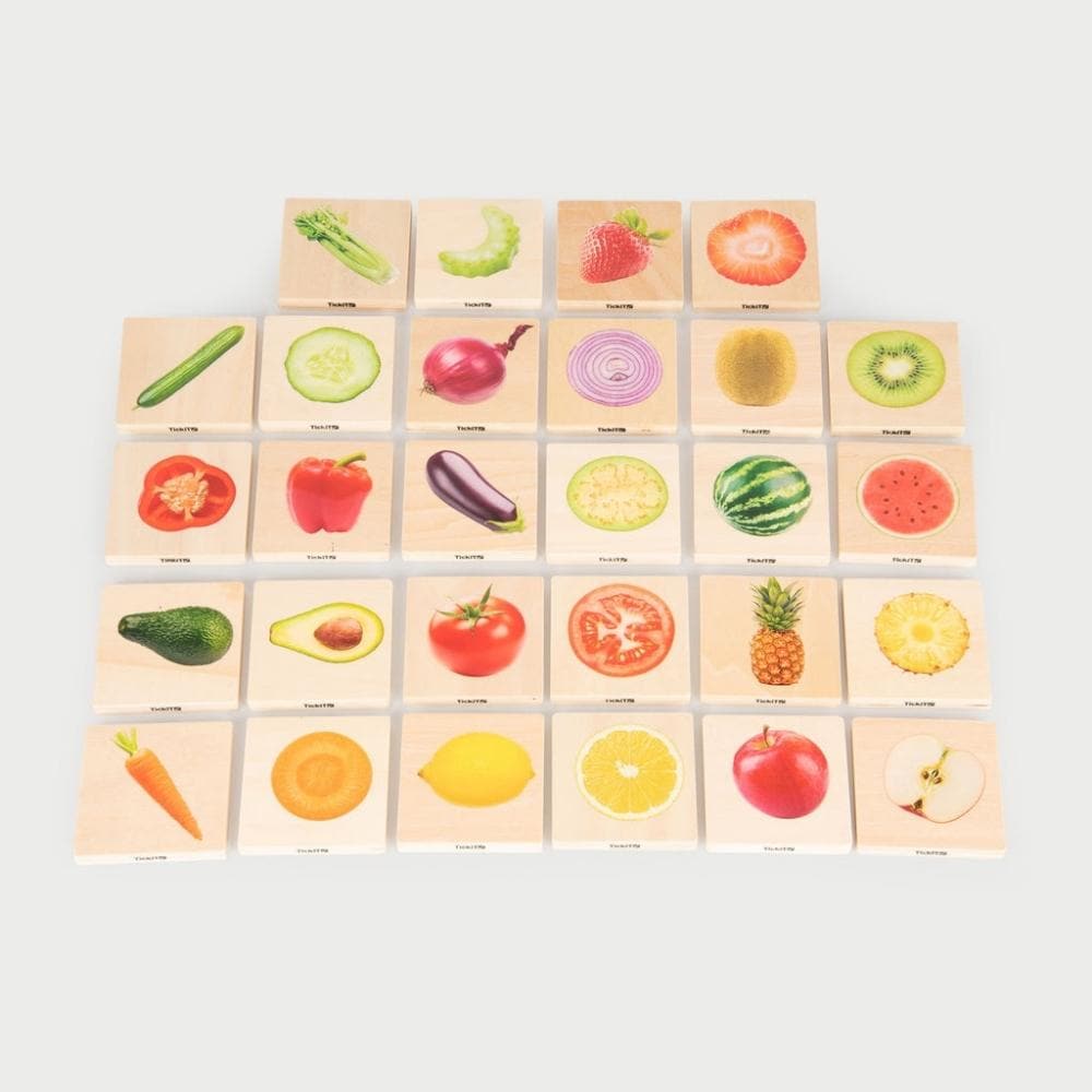 Fruit and Vegetable Match, The Fruit and Vegetable Match games is a fun and versatile wooden game, our TickiT® Fruit & Vegetable Match is a set of fourteen pairs of smooth tactile basswood ply tiles with a clear colour print on one side of real photographic images of fruits and vegetables. The square chunky tiles are easy for your child to hold and turn over in their hands. The TickiT® Fruit & Vegetable Match game is an engaging, multifaceted educational game designed to enrich your child's learning experie