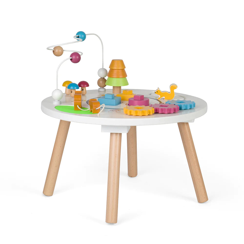 FSC Animal Activity Table, Keep curious young minds engaged with our FSC Activity Table. Taking inspiration from nature, not only is our toddler activity table crafted from sustainably harvested FSC certified wood, it’s also packed with plenty of woodland features to keep little hands busy. Youngsters can get busy playing with the wooden bead frame, chunky spinning cogs, a colourful shape sorter, a stacking woodland tree, fidget toy mushrooms, tactile wooden bears, and a sliding squirrel. Ideal for early le