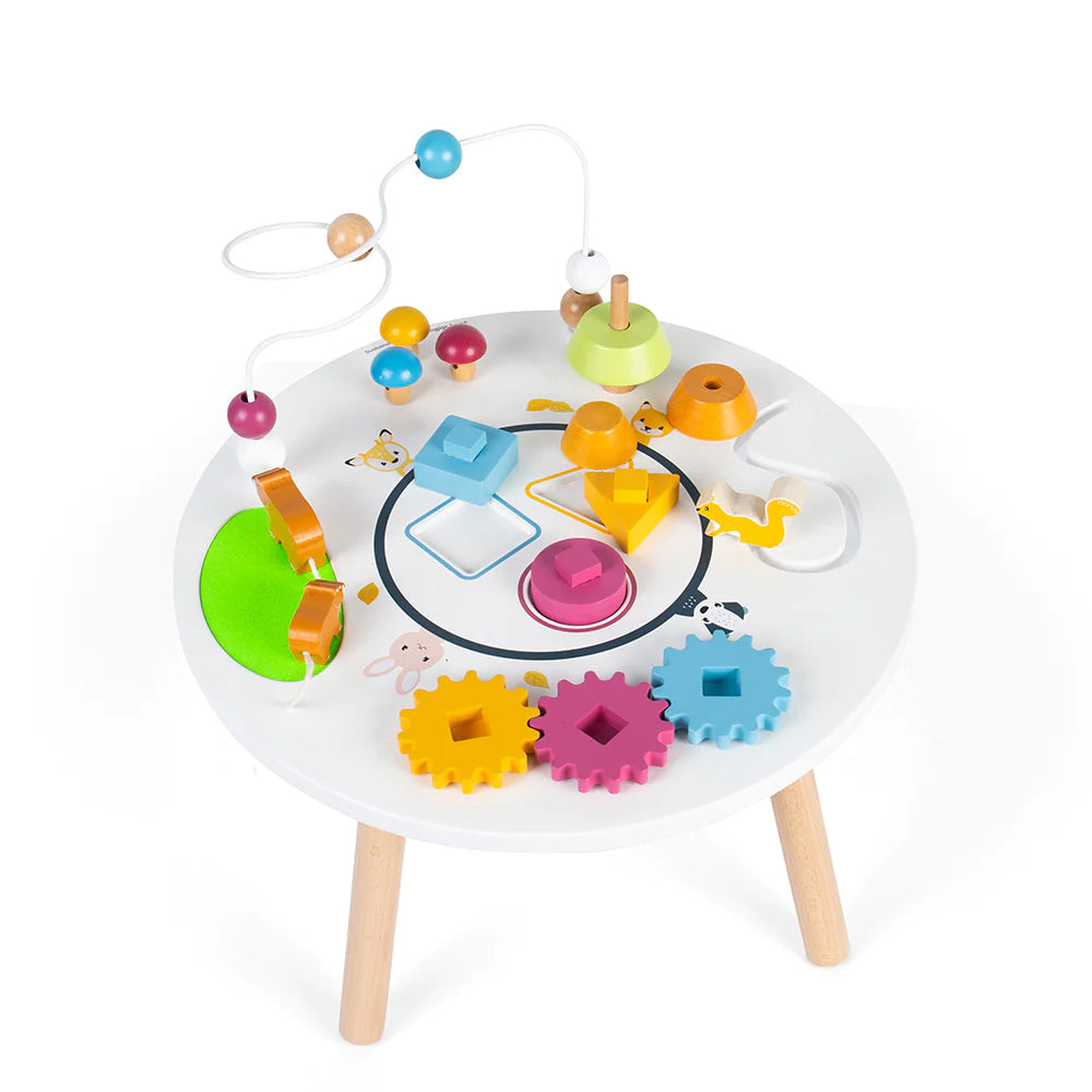 FSC Animal Activity Table, Keep curious young minds engaged with our FSC Activity Table. Taking inspiration from nature, not only is our toddler activity table crafted from sustainably harvested FSC certified wood, it’s also packed with plenty of woodland features to keep little hands busy. Youngsters can get busy playing with the wooden bead frame, chunky spinning cogs, a colourful shape sorter, a stacking woodland tree, fidget toy mushrooms, tactile wooden bears, and a sliding squirrel. Ideal for early le