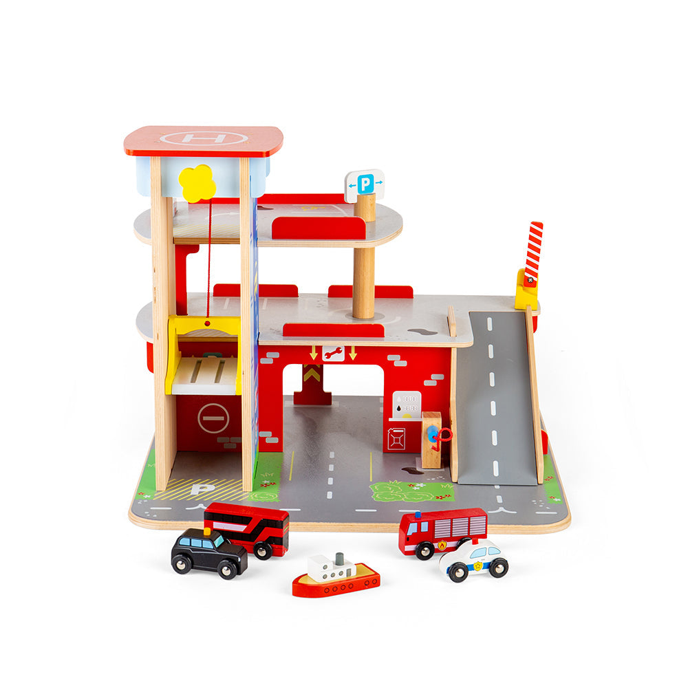 Garage Toy Bundle, Young mechanics and petrol-heads can keep their favourite toy cars in tip-top condition with our exclusive Garage Toy Bundle. Service, wash and park cars with the included Park & Play Garage and City Vehicles set. Made from high-quality, responsibly sourced materials, each car toy in this small world play set is designed for little hands to play with. Garage toys are a great way to encourage creative and imaginative play sessions. Park & Play Garage Wooden toy garage Features a working li