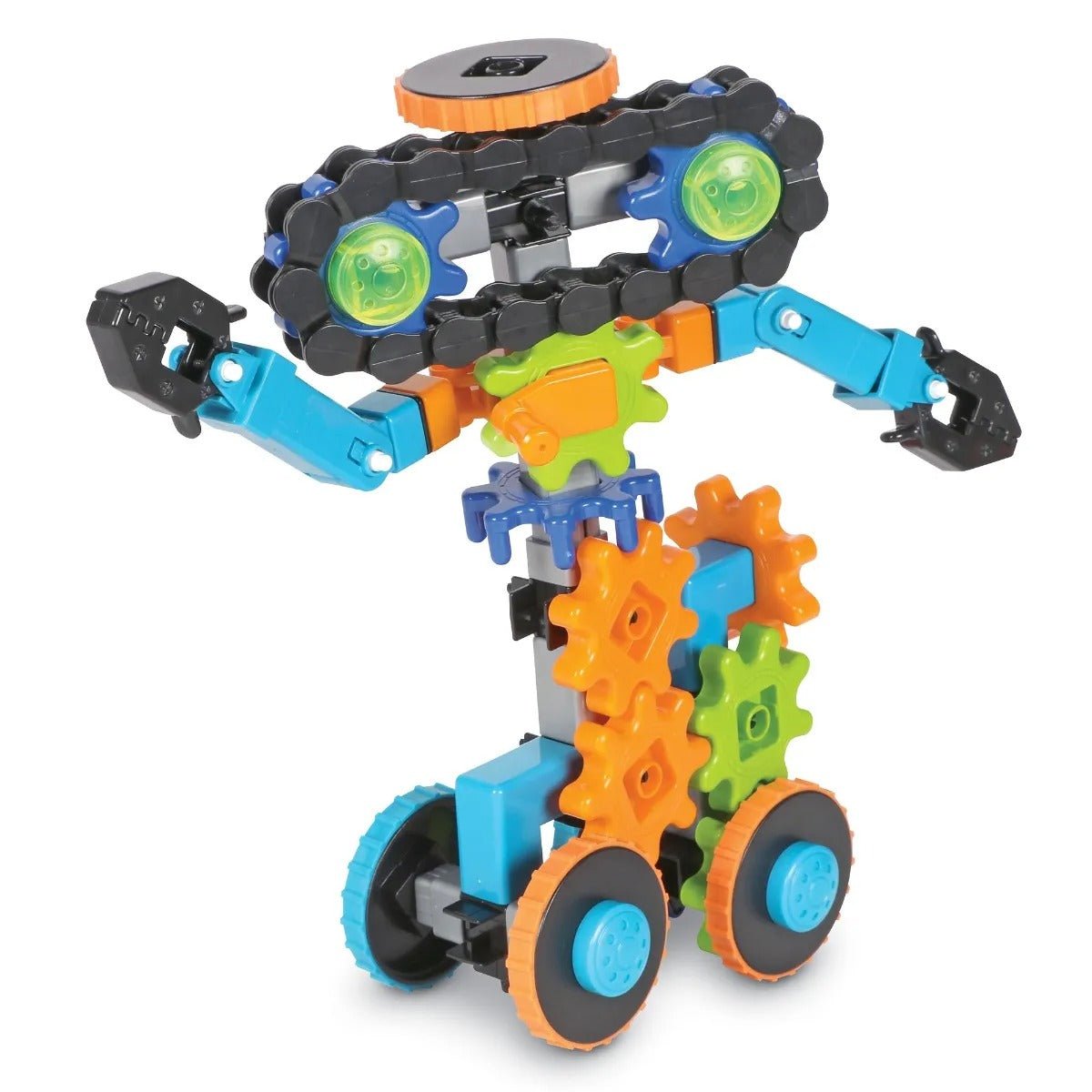 Gears Gears Gears Robots In Motion, Use the Gears! Gears! Gears Robots In Motion to design and build your own twisting, turning, moving robot toy with Gears! Gears! Gears!®. The Gears! Gears! Gears Robots In Motion come supplied with 116 pieces, this construction set includes components for children to design and build robots, cars and machines that move and transform. Follow along with the included STEM Activity Guide or build your own unique robo-toy with rolling treads, spinning eyes and more. There will