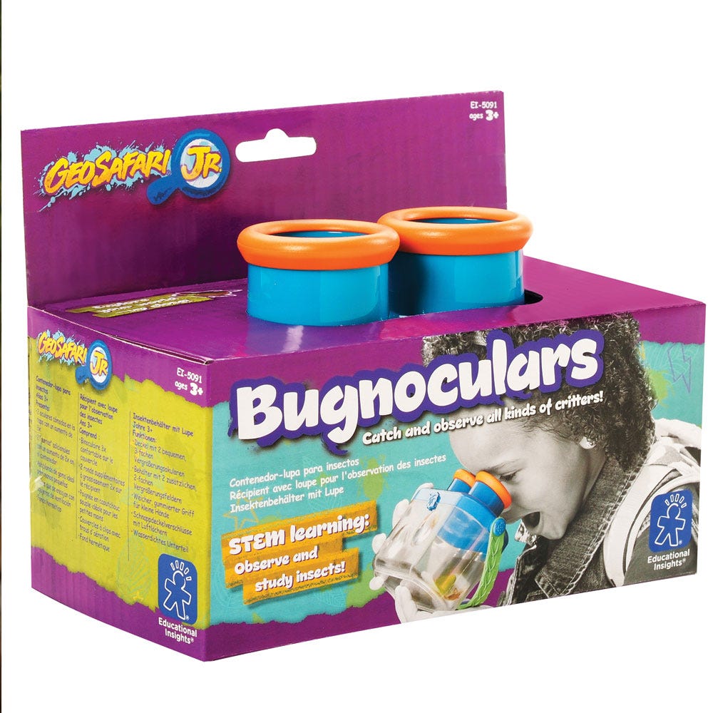 GeoSafari Jr. Bugnoculars, Little scientists can catch and safely see bugs, leaves, flowers, shells, tadpoles and more up close with this bug-friendly, kid-cool transparent, breathable container. With an easy-carry handle, and magnification on top and one side, it’s durable and ready for outdoor play and learning. Take it to the beach, garden, park, or playground. Take a closer look at bugs, leaves, flowers, seashells, tadpoles and even fish with 2x and 3x magnification. Perfect for outdoor exploration and 