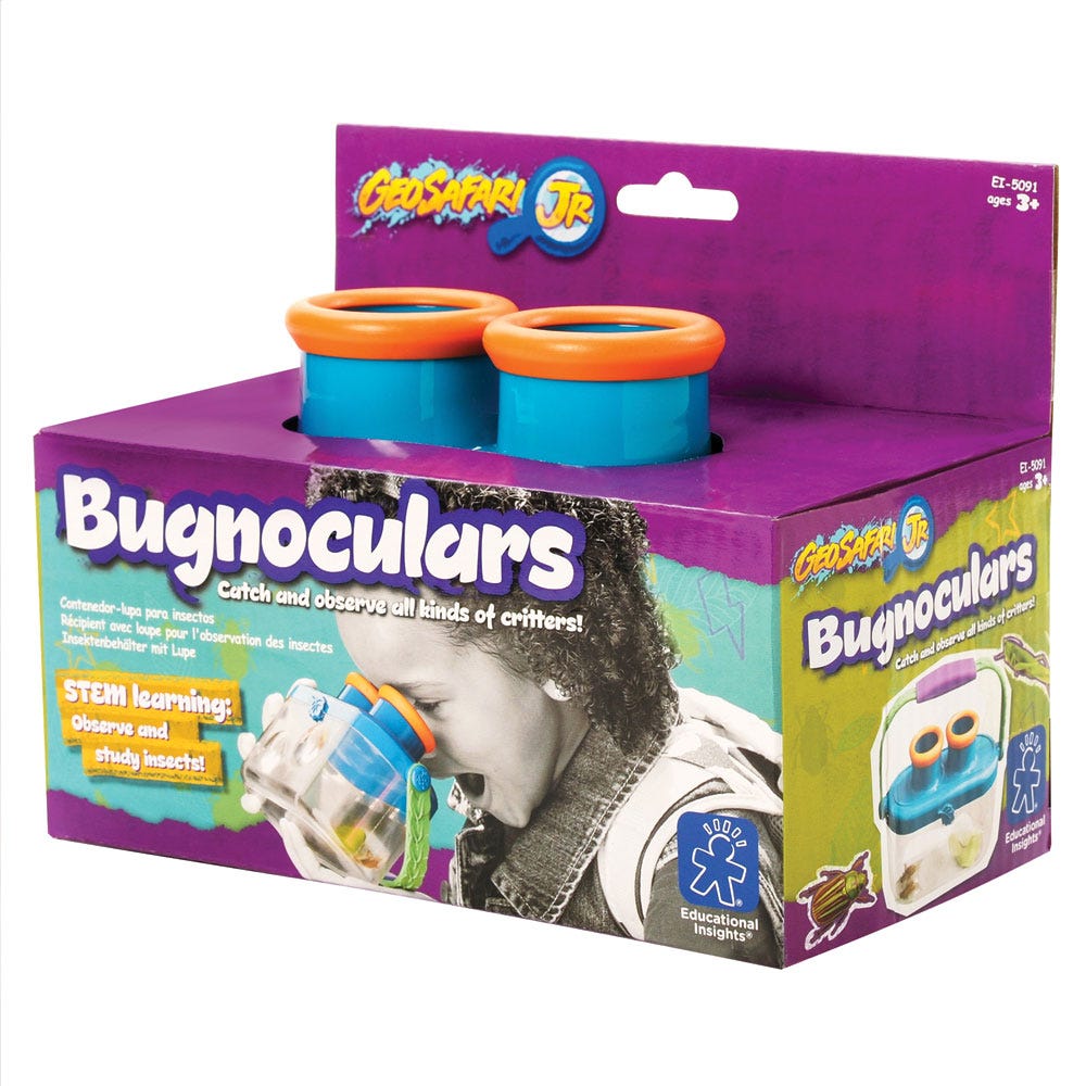 GeoSafari Jr. Bugnoculars, Little scientists can catch and safely see bugs, leaves, flowers, shells, tadpoles and more up close with this bug-friendly, kid-cool transparent, breathable container. With an easy-carry handle, and magnification on top and one side, it’s durable and ready for outdoor play and learning. Take it to the beach, garden, park, or playground. Take a closer look at bugs, leaves, flowers, seashells, tadpoles and even fish with 2x and 3x magnification. Perfect for outdoor exploration and 