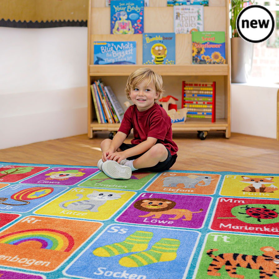German Alphabet Carpet, The German Alphabet Carpet is a large colourful 3 x 2m highly visually appealing carpet. The German Alphabet Carpet is perfect for children to sit and enhance learning word and letter recognition in a fun interactive way. Distinctive and brightly coloured, child friendly designs Designed to encourage learning through interaction and play Crease resistant with unique Rhombus™ anti-skid Dura-Latex™ safety backing Abrasion resistant, laboratory rub tested to heavy duty standards Tightly