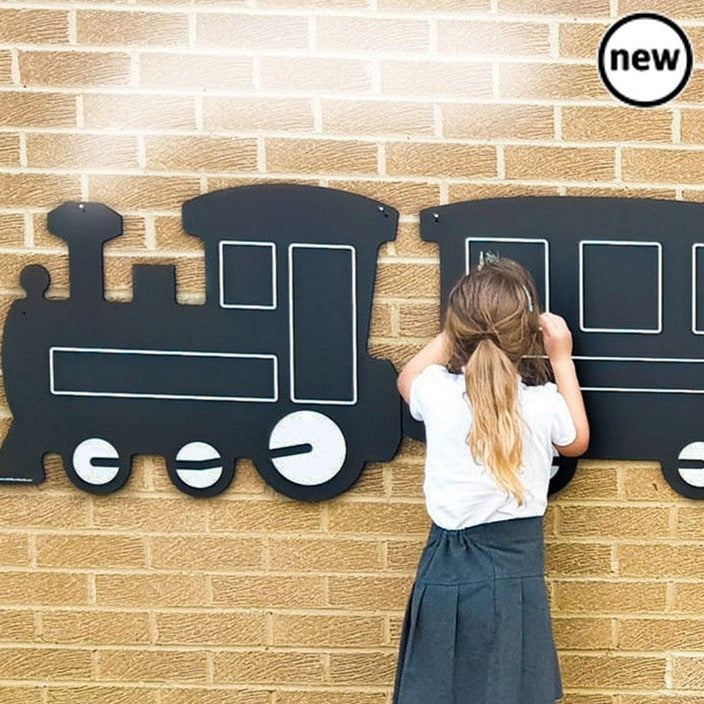 Giant Outdoor Train Chalkboard, The Giant Outdoor Train Chalkboard is an exciting and engaging outdoor mark making activity designed specifically for children, especially those in the Early Years Foundation Stage (EYFS). This high-quality chalkboard is incredibly sturdy and built to withstand outdoor conditions, making it perfect for long-term use.Featuring pre-drilled holes for easy hanging (fixings not supplied), this chalkboard can be easily mounted on walls or fences, allowing children to have fun and g