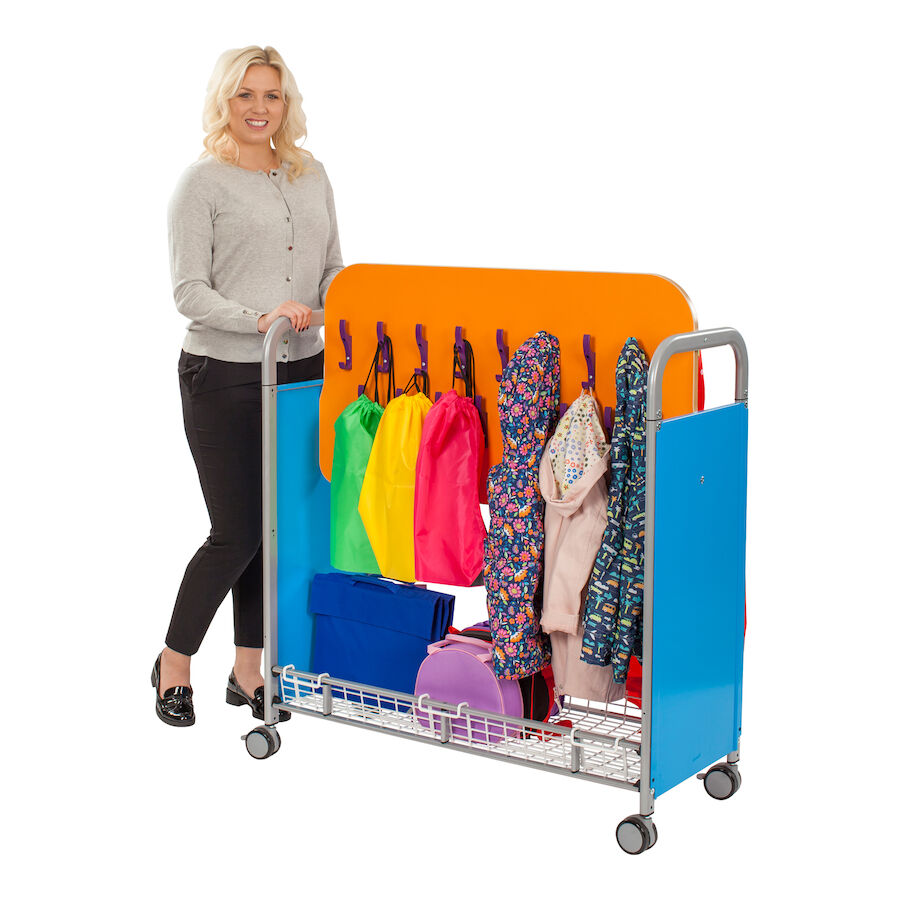 Gratnells Mobile Cloakroom Trolley, The stylish and robust Gratnells Mobile Cloakroom Trolley features 32 double coat and bag hooks and rugged castors with foot-activated brake mechanism. The Gratnells Mobile Cloakroom Trolley is ideal for hanging your class outdoor coats or art aprons with additional space for bags or shoe-bags. The wire basket in the bottom is a handy storage space for wellies, outdoor shoes or lunchboxes. The large 75mm lockable castors ensure both easy movement and peace of mind. The st