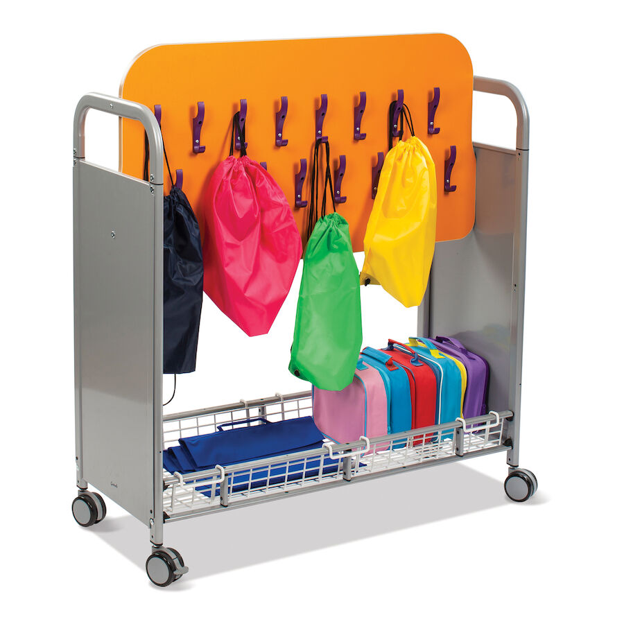 Gratnells Mobile Cloakroom Trolley, The stylish and robust Gratnells Mobile Cloakroom Trolley features 32 double coat and bag hooks and rugged castors with foot-activated brake mechanism. The Gratnells Mobile Cloakroom Trolley is ideal for hanging your class outdoor coats or art aprons with additional space for bags or shoe-bags. The wire basket in the bottom is a handy storage space for wellies, outdoor shoes or lunchboxes. The large 75mm lockable castors ensure both easy movement and peace of mind. The st
