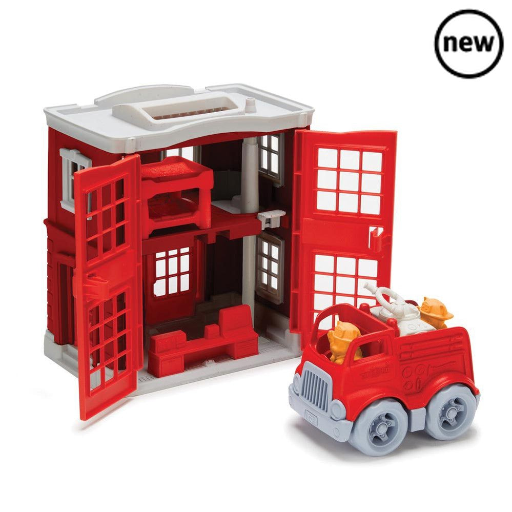 Green Toys Fire Station, Ignite your child's imagination with the Green Toys Fire Station playset! This engaging toy offers everything your aspiring firefighter needs to embark on daring rescue missions. Inside this playset, you'll find a fully equipped fire station, a trusty fire engine, adorable firefighter cat characters, a rotating water cannon, a command center, and stackable bunk beds. Green Toys Fire Station Realistic Interactive Play: Your little one can open and close both the front and back doors 
