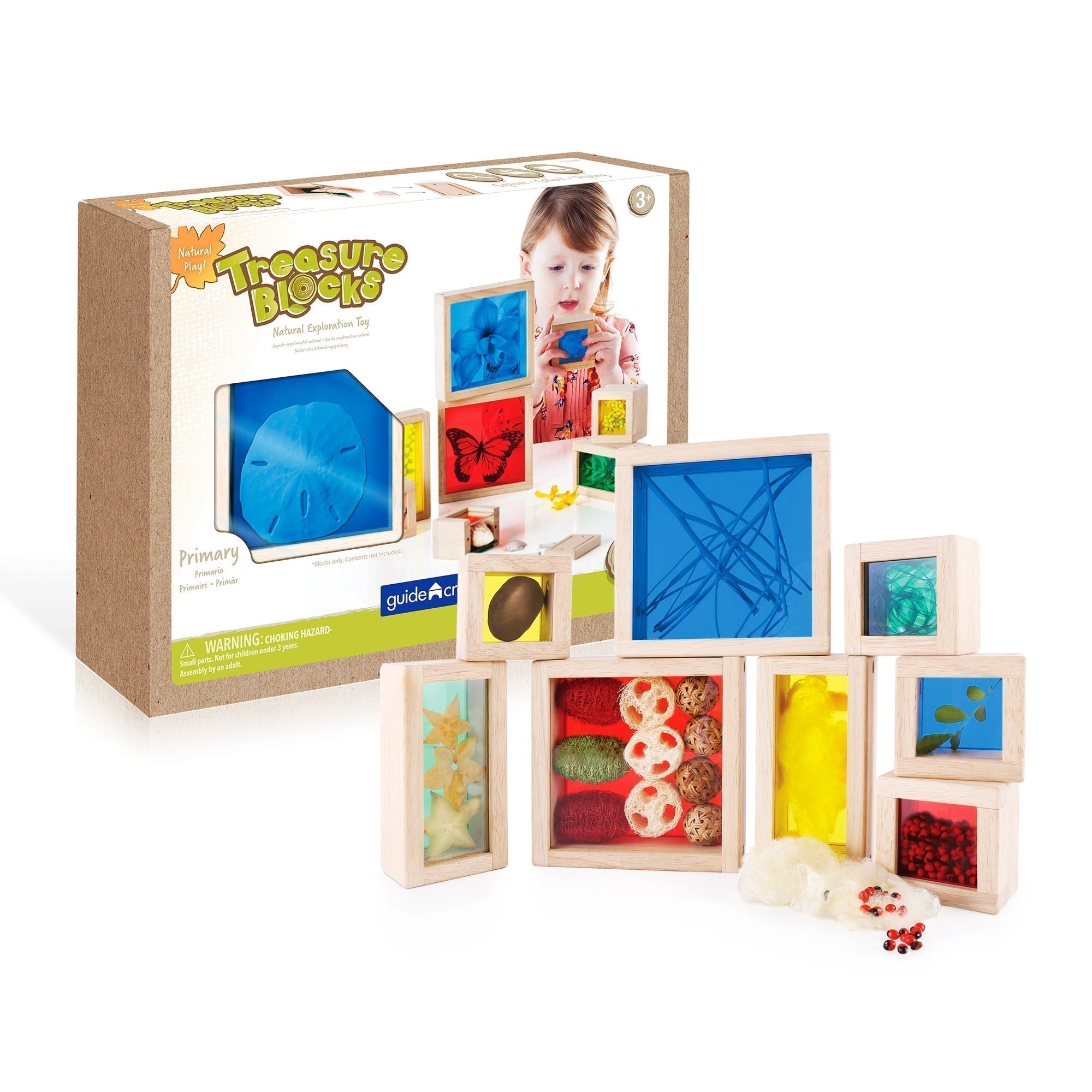 Guidecraft Treasure Blocks Primary, Curious collectors will love showing off their treasures in these colourful, acrylic displays with smooth, hardwood frames. The Guidecraft Treasure Blocks Primary show off flat and dimensional finds like rocks, beads, flowers, shells and small toys. The Guidecraft Treasure Blocks Primary have transparent windows in primary colours allow kids to study their objects up close, in the light, and from front and back perspectives. Includes a set of 8 blocks Treasure Blocks- Pri