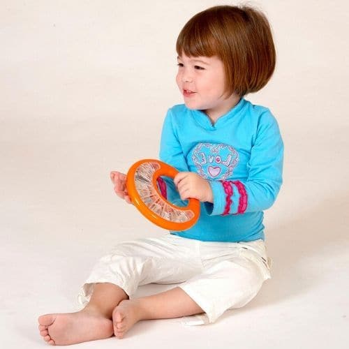 Halilit Baby Tambourine, The Halilit Baby Tambourine is a specially designed, baby safe tambourine with musical jingles safely tucked away under a clear protective cover. The cover cleverly keeps little fingers safe while still letting out the beautiful, clear sound! The Halilit Baby The Baby Tambourine is brightly coloured with a textured handle for an easy grip. Colours vary.The Baby Tambourine is. specially designed, baby-safe tambourine and used by baby sensory classes across the UK with babies and Todd