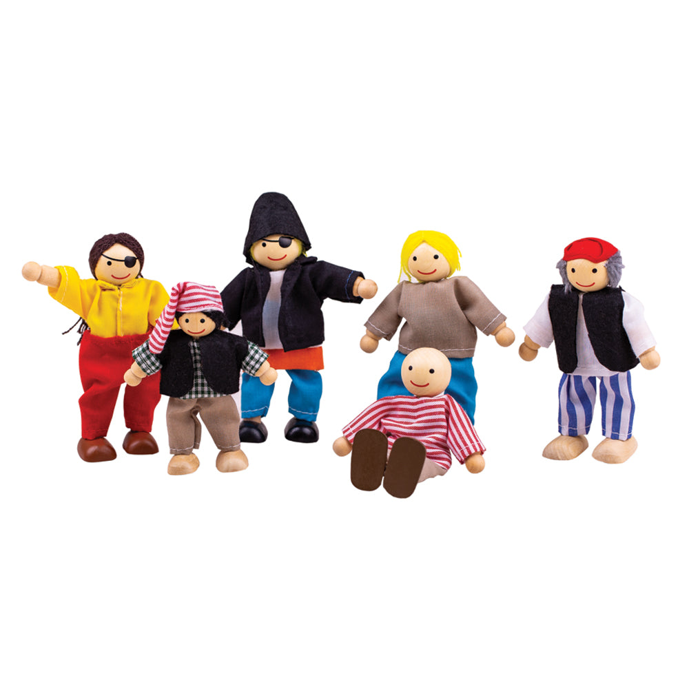 Heritage Playset Pirates Set, Ahoy, matey! These five cheeky wooden pirate figures and their captain are keeping a close eye on the horizon looking for play opportunities! They are dressed for the seven seas and are eager to find all the buried treasure. Sturdy and durable, these wooden pirates are sure to encourage and stimulate lots of imaginative play. Develops hand/eye coordination, fine motor skills and dexterity. Our pirate figures are perfectly sized to fit the Bigjigs Toys range of wooden Heritage P