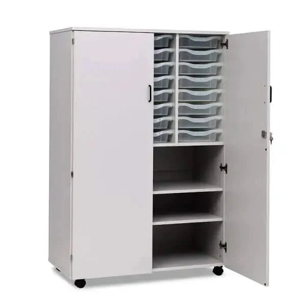 High Tall Storage With 24 Trays Triple Column And Shelves And Full Lockable Doors And Black Plastic Handles-High Tall Storage With 24 Trays Triple Column And Shelves And Full Lockable Doors And Black Plastic Handles