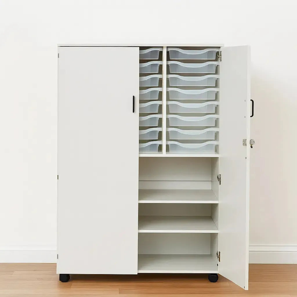 High Tall Storage With 24 Trays Triple Column And Shelves And Full Lockable Doors And Black Plastic Handles-High Tall Storage With 24 Trays Triple Column And Shelves And Full Lockable Doors And Black Plastic Handles