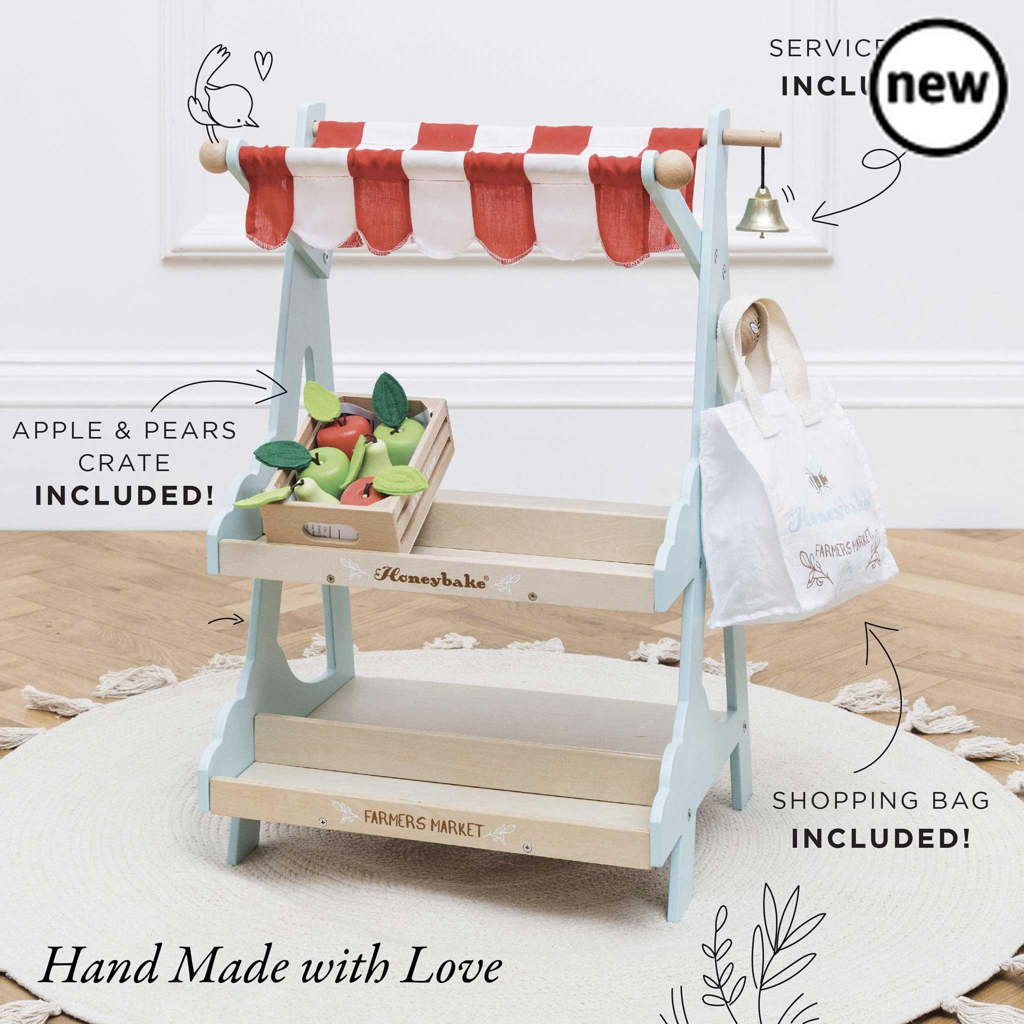 Honeybee Market, Description Our amazing wooden market stall is a multi award winner and a firm favourite. Designed by our team of talented toy makers for immersive roleplay, day after day. Complete with fabric shopping bag and a crate of apples and pears. Little ones will adore serving customers at the market style shop complete with shelves, ideal for housing our wooden food crates. Featuring a fabric shopping bag, apple's and pears crate, & bell for customers to ring for attention. This impressive early 