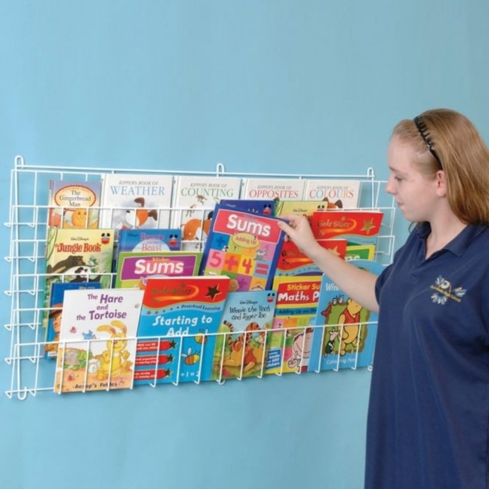 Horizontal Wall Book Rack, This Horizontal Wall Book rack measures 55cm (H) x 108cm (W). It is made from thick wire that is plastic coated and is therefore strong, light and easily handled. The Horizontal Wall Book rack offers the perfect storage solution for books as they free up valuable classroom floor space and can be displayed at a height where the books are easily accessible for the children. The Horizontal Wall Bookrack has 6 large shelves measuring 122 x 10 x 56cms., Horizontal Wall Bookrack,School 