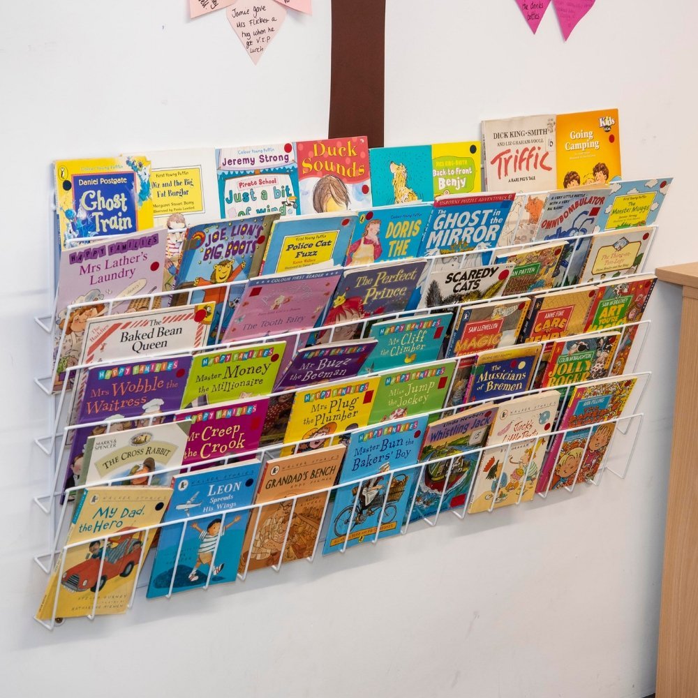 Horizontal Wall Book Rack, This Horizontal Wall Book rack measures 55cm (H) x 108cm (W). It is made from thick wire that is plastic coated and is therefore strong, light and easily handled. The Horizontal Wall Book rack offers the perfect storage solution for books as they free up valuable classroom floor space and can be displayed at a height where the books are easily accessible for the children. The Horizontal Wall Bookrack has 6 large shelves measuring 122 x 10 x 56cms., Horizontal Wall Bookrack,School 