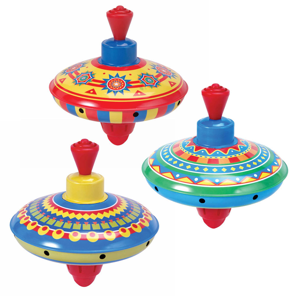 Humming top, A blast from the past, Schylling’s Little Tin Tops feature bold primary colours and retro patterns. Spin the spinning top and listen to them hum. These spinning top toys are fun for everyone. The oldest spinning top ever found goes as far back as the 35th century BC! Spinning tops come in many different sizes and shapes and all defy gravity in the exact same way. Did you know that some spinning tops can spin for over 50 minutes?! Pump the handle to watch the tin top move and make a lovely hummi